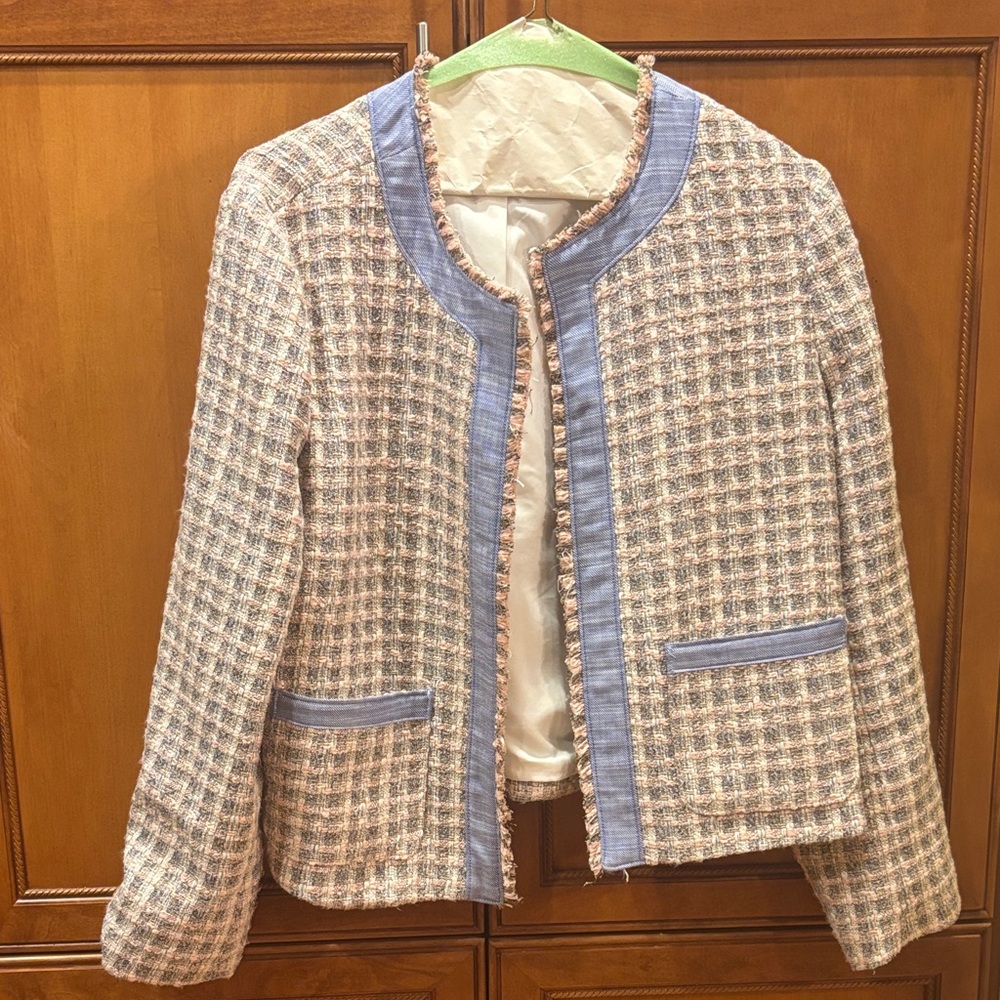 LOFT Multicolor Cream and Pink Tweed Blazer with Blue Trim